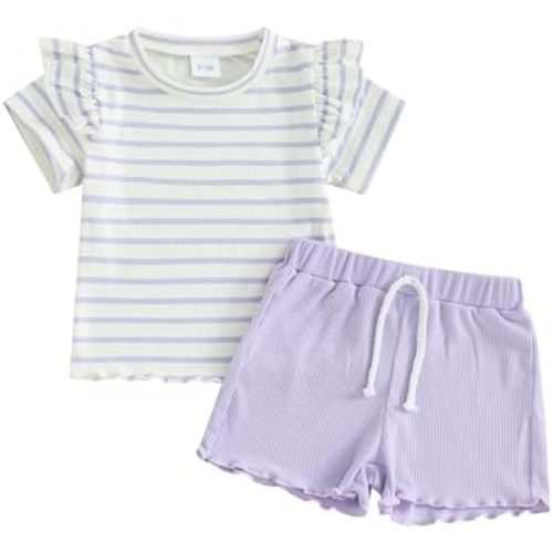 Kupretty Toddler Baby Girl Summer Clothes Ruffle Ribbed Knit Short Sleeves T-Shirt Tops + Shorts Cute Outfits Set