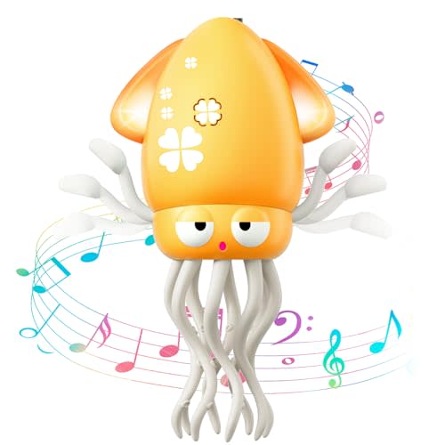 Dancing Squid Baby Toy, Electric Crawling Octopus Tummy Time Toy, Rechargeable Magic Dancing Music Squid Baby Toys for 3 4 5 6 Year Old Kids Boy Girl Birthday Gifts Christmas Stocking Stuffers(Yellow)