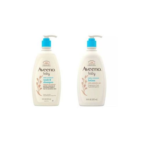 Aveeno Baby Daily Moisture Gentle Body Bath Wash & Shampoo 18 fl oz + 18 fl oz Body Lotion for Delicate Skin