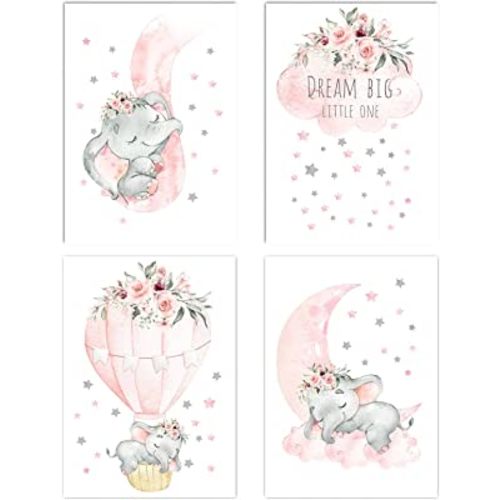 Canssape Pink Elephant Nursery Wall Decor Set of 4 Baby Girl Room Decor Elephant Wall Art Goodnight On A Hot Air Balloon |Dream Big Little One|(8x10in)(Unframed)