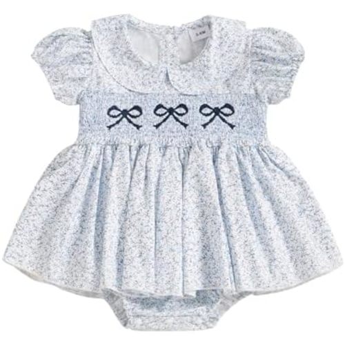 Newborn Baby Girl Romper Bow Embroidery Peter Pan Collar Short Sleeve Bubble Bodysuit Summer Clothes