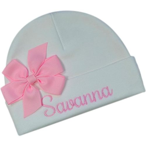 Newborn Personalized Embroidered Baby Hat in Script Font with Custom Name and Bow