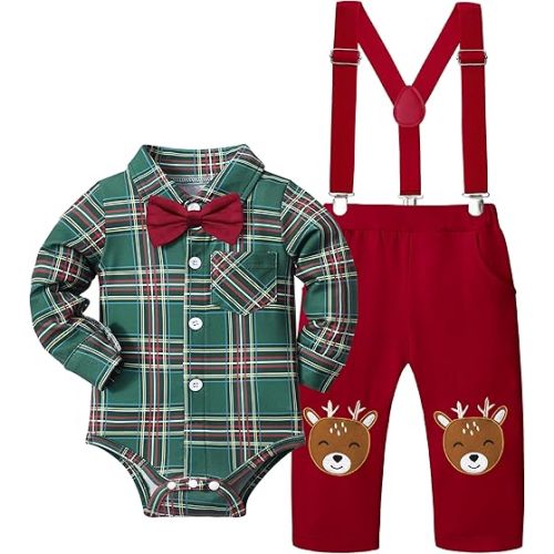 Baby Boy Christmas Outfit My First Christmas Plaid Gentleman Romper + Reindeer Suspender Pants 0-12Months 2Pcs