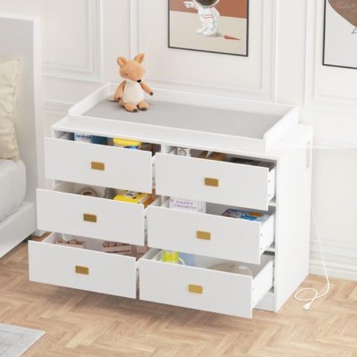 Huloretions Baby Dresser,Dresser for Baby Nursery,Baby Changing Table Dresser with 6 Drawers,Children's Bedroom Dresser with Power Outlets,Changing Pad & Removable Top
