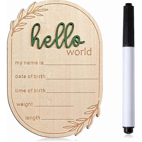 Baby Announcement Sign, 5.9x4.1 Inch Wooden Hello World Newborn Signs Birth Babys Name Plaques Birth Announcement Sign for Newborn Boys and Girls Photo Prop Baby Shower Hospital Nursery Gift