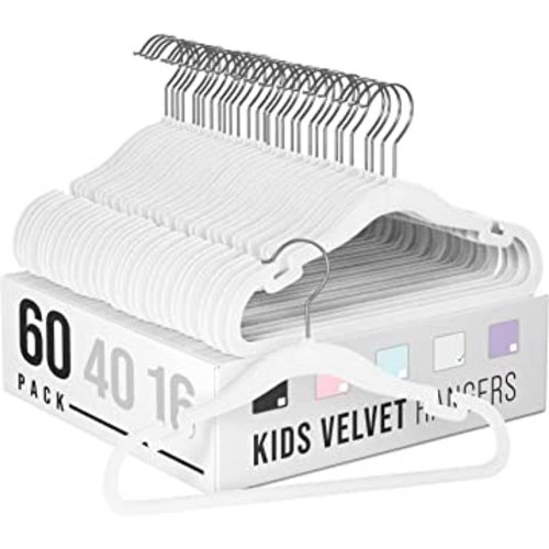 Clothes Baby Hangers for Closets - Unique Notches for Non Slip. Heavy-Duty Velvet Kids & Toddler Hangers for Closet | Ultra Thin Design for Space Saving. Ganchos De Ropa para Bebe (60 Pack White)