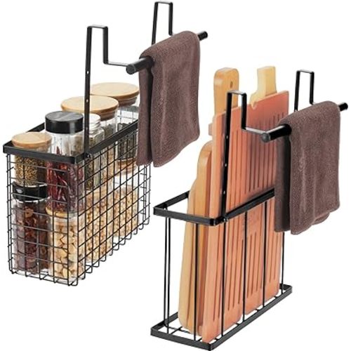2 Pack Cabinet Door Organizer,Over The Cabinet Door Organizer with Towel Bars,Hang Over Cabinet Door Storage, Kitchen Cabinet Door Organizer for Cutting Board, Baking Sheet, Foil, Plastic Wrap