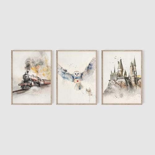 Wizard Neutral Nursery Set of 3, Snowy Owl Print, Wizarding Baby Decor, Castle Wall Art, Express Train, Fan Nursery Decor, Baby Shower Gift