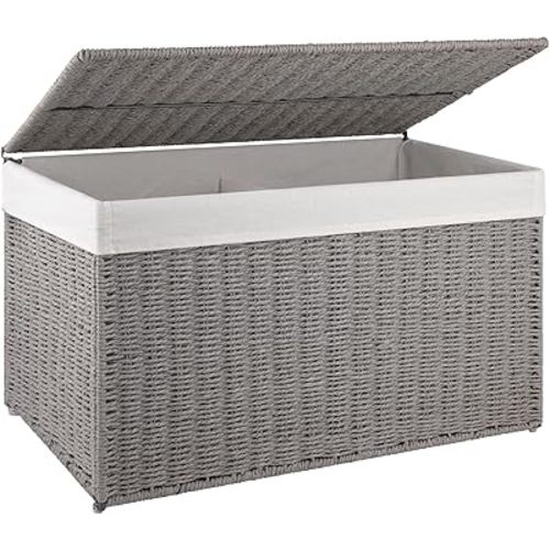 OIAHOMY Storage Basket with Lid, 27.7 Gallon (105L) Blanket Basket with Removable Separated Liner Bag, Paper Rope Hamper with Handle, Foldable, Shelf Basket for Living Room, Grey