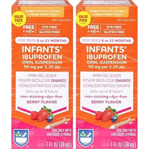 Rite Aid Infants' Dye-Free Ibuprofen Drops, Berry Flavor, 50 mg - 2 Value Pack | Infant Pain Reliever | for Babies Ages 6 to 23 Months | Oral Suspension 50 mg per 1.25 mL | Gluten Free