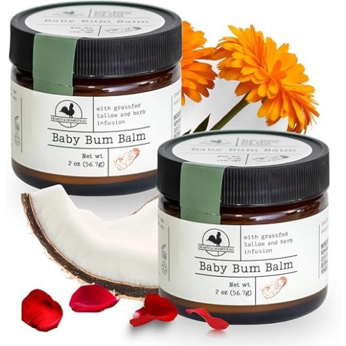 Hearth & Homestead Baby Bum Balm, Grass Fed Tallow Diaper Rash Cream with Zinc Oxide & Bentonite Clay, Fragrance Free Diaper Cream for Sensitive Baby Skin, Newborn Safe, 4oz