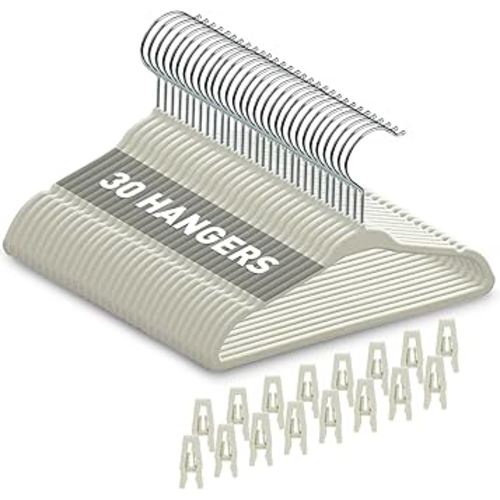 Velvet Baby Hangers with Clips (30 Pack) | 11” Ultra-Slim Baby Clothes Hangers | Non-Slip Felt | Space-Saving Nursery & Infant Closet Organizer | Beige