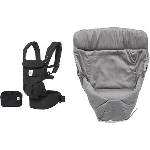 Ergobaby Omni 360 All-Position Baby Carrier for Newborn to Toddler with Lumbar Support (7-45 Pounds), Pure Black, 1 Count (Pack of 1) & Easy Snug Infant Insert, Grey, Premium Cotton