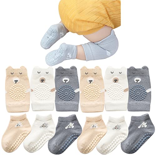 ISANPAN Unisex Baby Crawling Anti-Slip Knee Pads and Socks Set,Save Toddler Boy Girl 3-9-18 Months Knee and Ankle