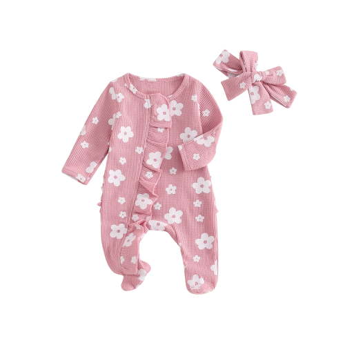 Qtinghua Newborn Baby Girl Fall Winter Clothes Long Sleeve Footie Romper Waffle Ruffle Zipper Jumpsuit with Headband Coming Home Outfit