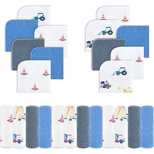 Viviland Lot de 24 débarbouillettes super douces pour la peau sensible de bébé, gants de toilette pour bébé garçon, serviette de bain pour nouveau-né et nourrisson, motif camion 22,9 x 22,9 cm