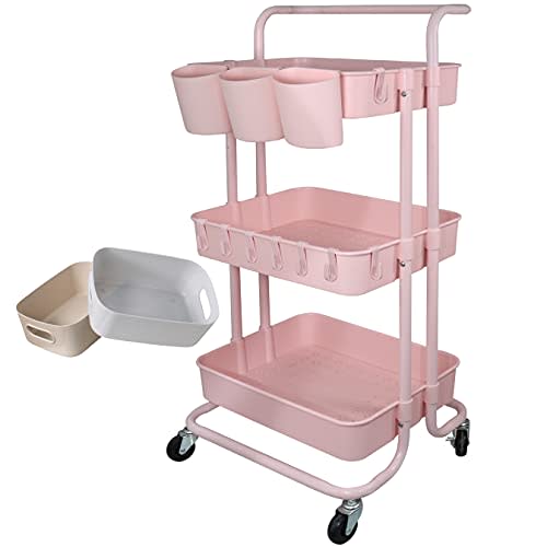 Freletry 3 Tier Utility Rolling Cart Storage Organizer Shelf Rack with 3PCS Hanging Cups + 8PCS Hooks + 2PCS Storage Box for Home Office Kitchen Bathroom Storage (Pink 3 Cup+8 Hook+2 Storage Box)