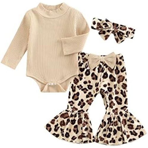 fhutpw Newborn Baby Girl Clothes Infant Rib Frill Long Sleeve Romper Flared Pants Headband Set 3pcs Fall Winter Outfits