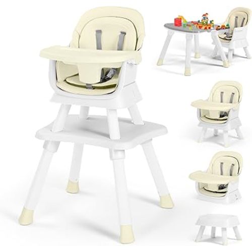 Kinder King 8 in 1 Baby High Chair, Coverts to Dining Booster Seat/Kids Table & Chair Set/Toddler Building Block Table/Kids Stool, Removable Tray & Double Seat Cover, Easy to Wipe, Beige