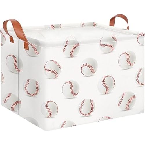 CLOCOR Rectangular Baseball Storage Basket,Collapsible Fabric Storage Container,Waterproof Toy Bin with Handles,Gift Basket(Baseball)