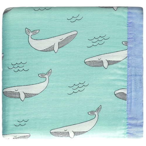 Whale Muslin Swaddle blanket, Baby Blankets for Boys Girls Toddler, 4 Layers Everything Blanket, Blue Stroller Cover, Oversized 43X45 in