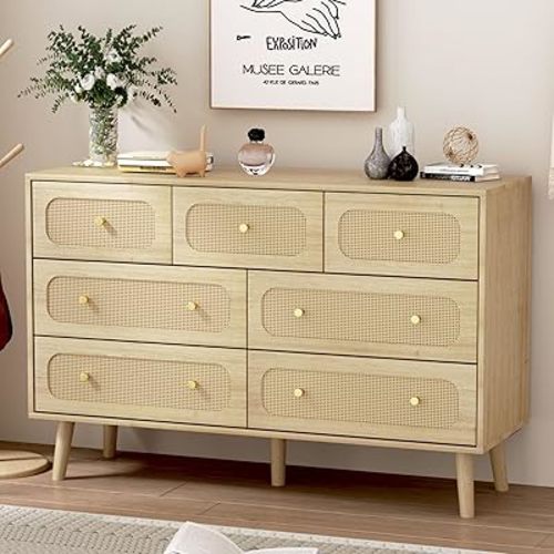 Natural Wood 7 Drawer Rattan Dresser with Gold Handles, Boho Wood Durable Storage Cabinet Dressers & chests of Drawers for Bedroom