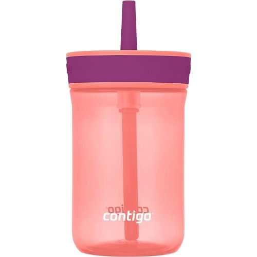 Contigo Kids’ Leighton Straw Tumbler with Spill-Proof Leak-Proof Lid, 14oz, Coral/Grape