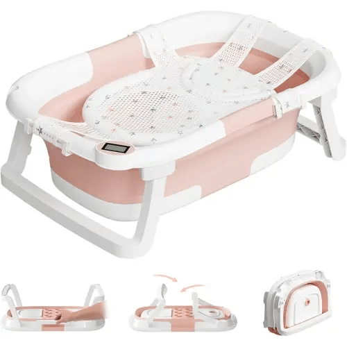 Collapsible Baby Bathtub,Baby Bath Tub with Soft Cushion & Thermometer,Baby Bathtub Newborn to Toddler 0-36 Months,Portable Travel Baby Tub