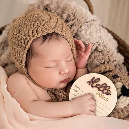 Baby Announcement Sign, Hello World Newborn Welcome Sign Birth Baby Name Plaques for Photo Props Baby Shower Hospital Nursery, 5.9 Inch Wooden (Brown)