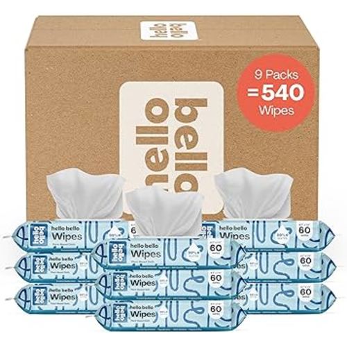 Hello Bello Extra Gentle Unscented Baby Wipes - Plant Based - Made with 99% Water and Aloe for Babies and Kids - 60 Count (Pack of 9) Total 540 Count