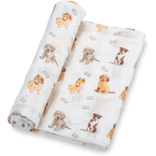 Swaddle Blanket | 100% Muslin Cotton | Gender Neutral Newborn and Baby Nursery Essentials for Girls and Boys, Registry | Puppies Dog Print