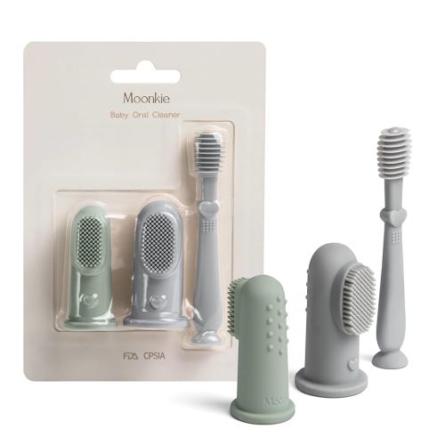 Moonkie Baby Finger Toothbrush Tongue Oral Cleaner Kit for 3 Months +, 3 Pcs (Blue/Mint/Blue)