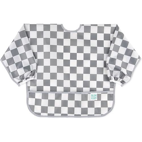 Bumkins Sleeved Bib for Girl or Boy, Baby and Toddler for 6-24 Mos, Essential Must Have for Eating, Feeding, Baby-Led Weaning Supplies, Long Sleeve Mess Saving Food Catcher, Fabric, Charcoal Check