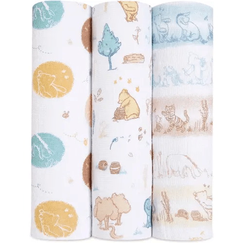 aden + anais Disney Baby Swaddle Blanket, Boutique Muslin Blankets for Girls & Boys, Baby Receiving Swaddles, Ideal Newborn & Infant Swaddling Set, Perfect Shower Gifts, 3 Pack, Winnie in The Woods