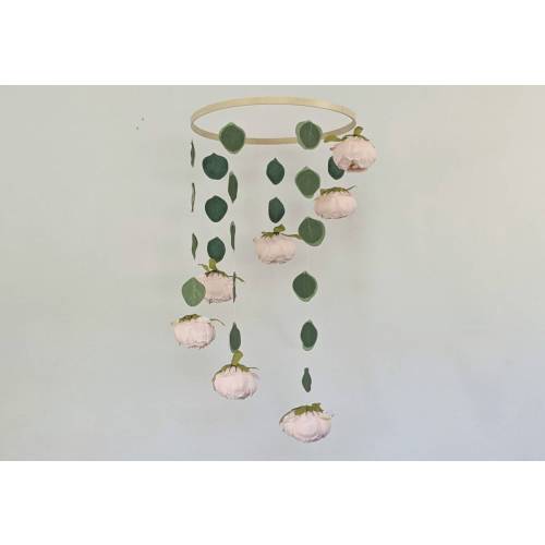 Pink Floral Baby Mobile with Leaves - Handmade Eucalyptus Nursery Decor - Floral Blush and Sage Crib Mobile - Spinning Mobile - Leaf Mobile