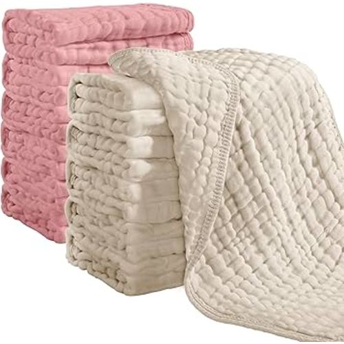 Looxii Muslin Burp Cloths 100% Cotton Muslin Cloths 12 Pack Large 20''x10'' Extra Soft and Absorbent Baby Burping Cloth for Boys and Girls (Apricot+Bean Red)