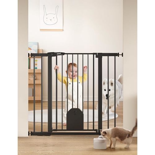 Babelio Auto Close Baby Gate with Cat Door,29-43" Metal Gate for Doorway,Stairs, House,Easy Walk Thru with Pet Door,Includes 4 Wall Cups and 3 Extension Pieces,Black