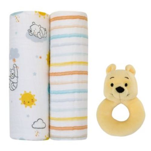 Disney Baby® 3-Piece Winnie the Pooh Swaddle Set with Rattle in Yellow - YELLOW/MULTI - 44" X 44"
