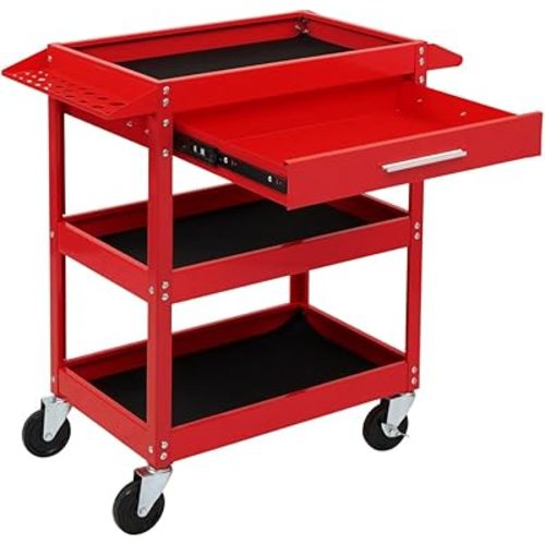 TUFFIOM 3 Tier Rolling Tool Cart with Drawer, Tool Service Cart on Wheels w/2 Brake, 330 LBS Capacity Industrial Heavy Duty Utility Cart, Tool Organizer for Mechanic, Garage, Warehouse & Repair Shop