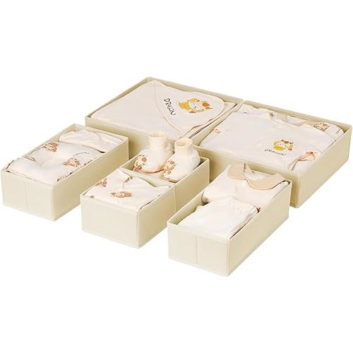 DIMJ Drawer Organizer Clothes 6 Pack - Foldable Baby Organizers and Storage & Dresser Organizer for Bedroom, Closet - Nursery Organization Dresser Dividers for underwear, Sock,Bra, Belt, Tie, Beige