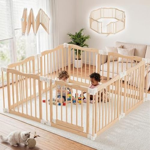 Foldable Wooden Playpen - Adjustable Wood Baby Play Yard with Door, Indoor Large Safety Fence for Babies and Toddlers - Easy Assembly, Natural, 55 x 55 x 24 inches