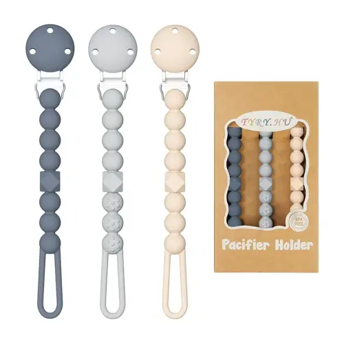 TYRY.HU 3 Pack Silicone Pacifier Holder Clip with One Piece Beads for Boys and Girls, Soft Flexible Pacifier Clip, Rust-Free Binky Clips with Texture, Keeps Pacifier Clean, Fits Most Pacifiers(Grey)