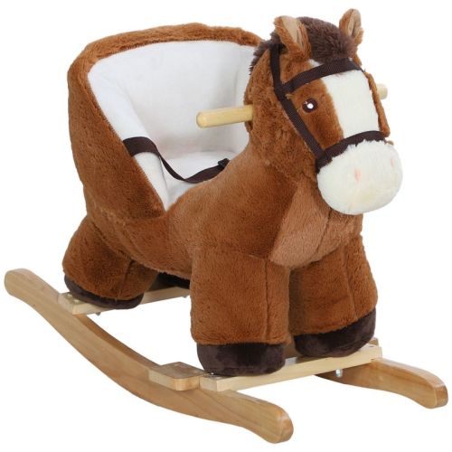 Qaba Baby Rocking Horse, Kids Ride on, Plush Animal Rocker with Sound, Wooden Base & Safety Belt for Ages 18-36 Months, Brown