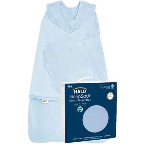 HALO Sleepsack Swaddle 100% Organic Cotton Newborn 1-Piece Gift Set with Box, TOG 1.5, 0-3 Months, Chambray