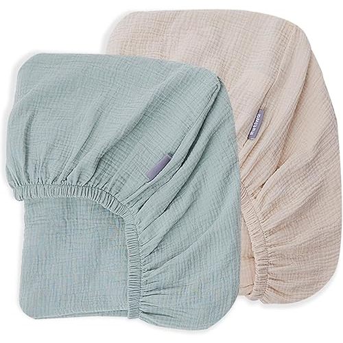 2 Pack Muslin Crib Sheets for Boys Girls Rutiwa Baby Sheets for Crib Cotton Breathable Sheets Neutral Fit Standard Crib & Toddler Bed Mattress 28"x52"(Harbor Gray/Beige)