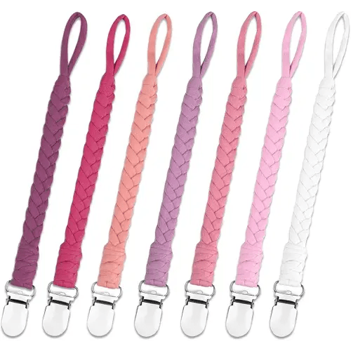 7 Pcs Pacifier Clip, Pacifier Clips for Boys & Baby Girls Pacifier Holder Clip Binky Clips Braided 100% Handmade Fits All Pacifiers(Pink, 7 Pack)