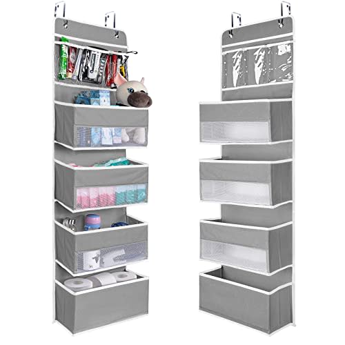NesTidy Over The Door Organizer Storage, Wall Mount Hanging Organizer with 4 Large Capacity Pocket Organizers and 3 Small Pockets for Baby Essentials, Toys, Cosmetics, and Sundries (Grey, 1 Pack)