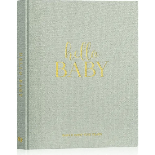 Lanpn Hello Baby First 5 Year Memory Book for Boy Girl - Linen Hardcover Baby Book Keepsake for New Parents - Newborn Baby Journal Scrapbook Photo Album Baby Milestone Book (Sage Green, 154 Pages)