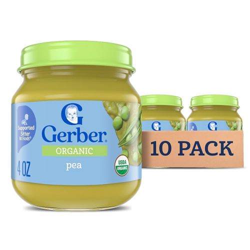 Gerber Stage 1 Baby Food, Organic Pea Jar, Baby Puree, Non-GMO, Vegetable, Puree Jars Glass, 10-pack