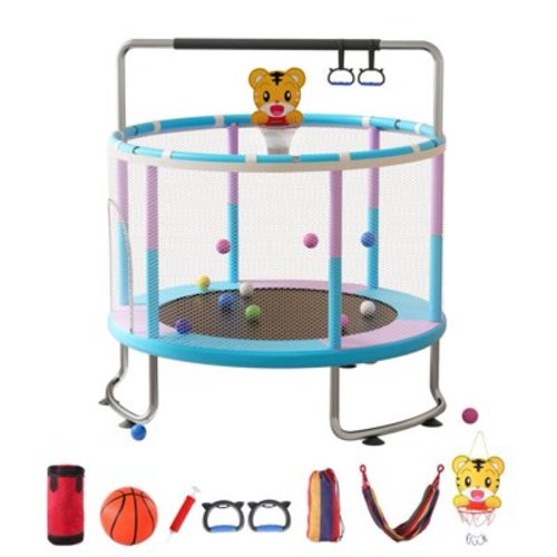 Wliqien 5FT Kids Trampoline, Adjustable Baby Toddler Trampoline with Basketball Hoop, Swing, Sandbag, Ocean Balls, 440lbs Indoor Outdoor Toddler Trampoline with Enclosure Net